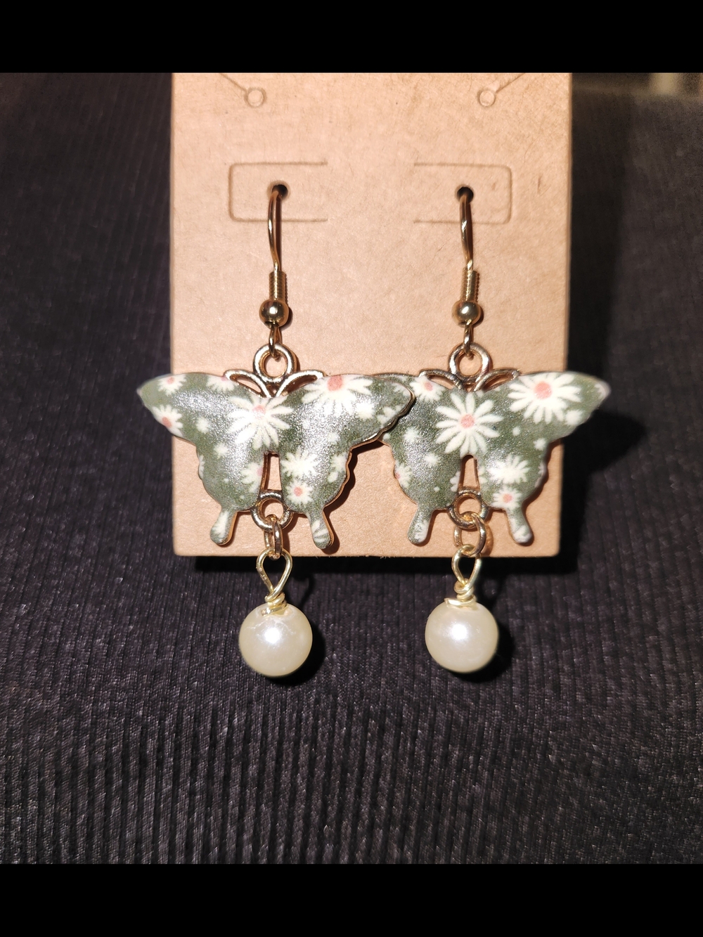 Green Floral Butterfly Drop Earrings with Pearl Accent